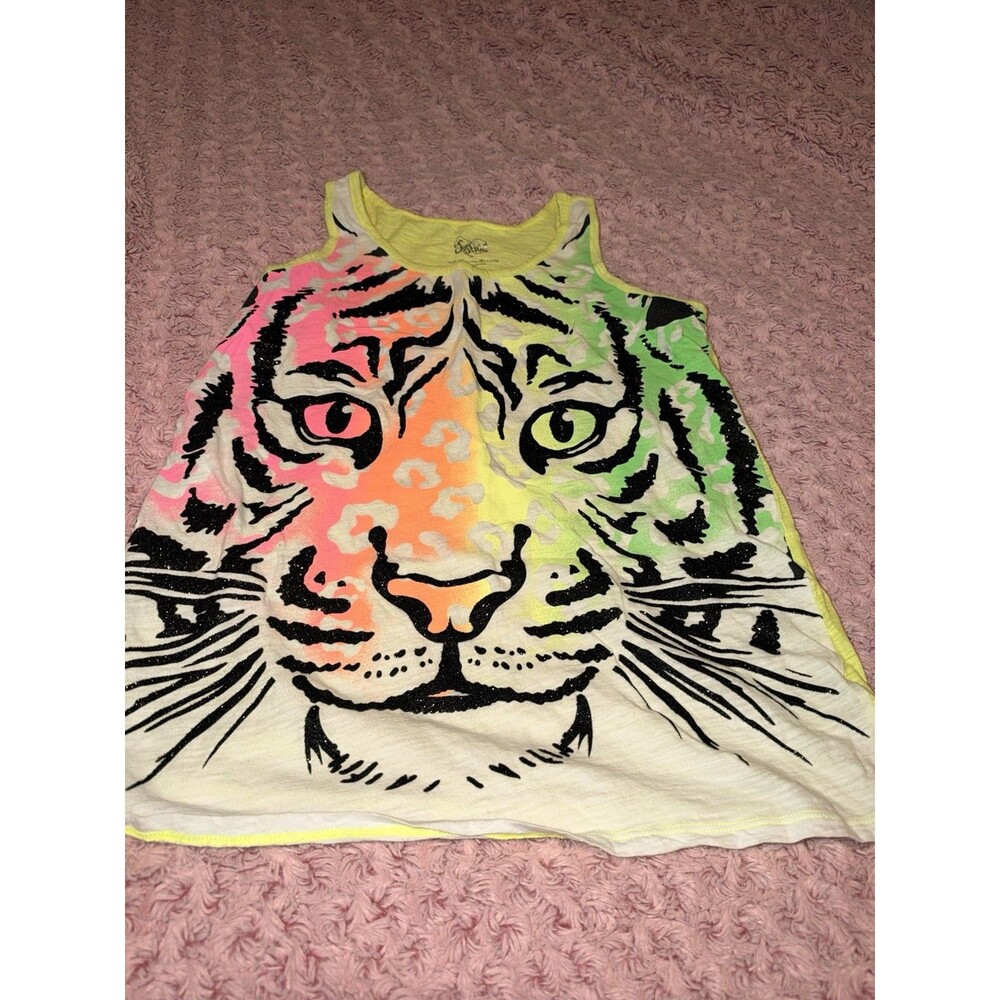 JUSTICE 16 Girls Yellow Rainbow Tiger Tank Top Neon Color